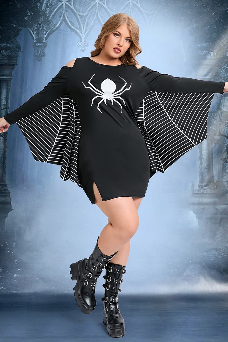 Xpluswear Design Plus Size Halloween Costumes Black Spider Print Cold Shoulder Mini Dress (Only Dress) (Ships 24h)