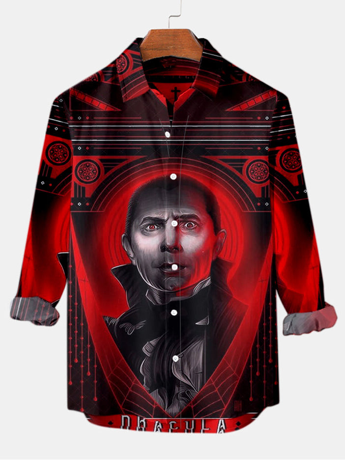 Men's Halloween Retro Movie Poster Pattern Long Sleeve Shirt PLUSCLOTHESMAN