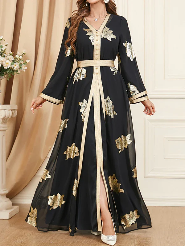 Belted Muslim Stamped Split-Front Long Sleeves V-Neck Two Pieces Set Maxi Dresses