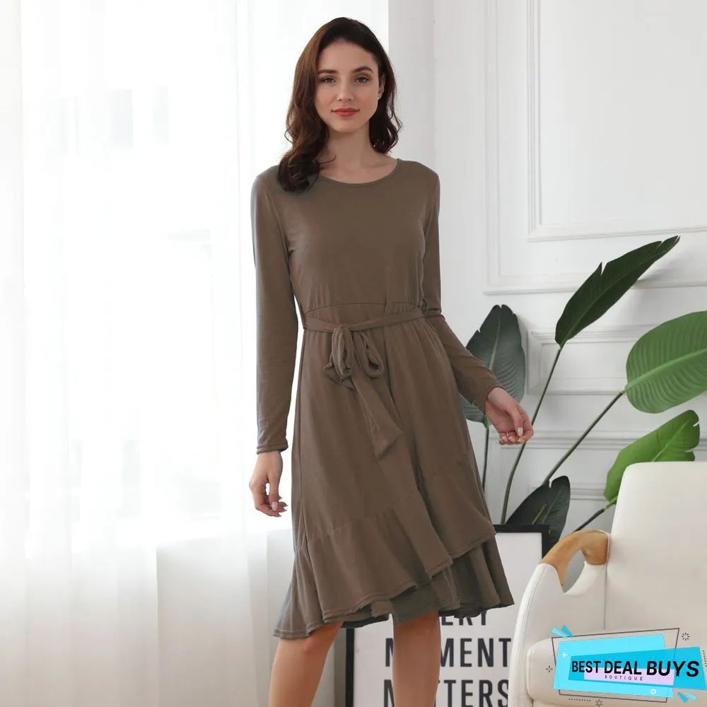 Solid Color Round Neck Ruffled Lace Dress