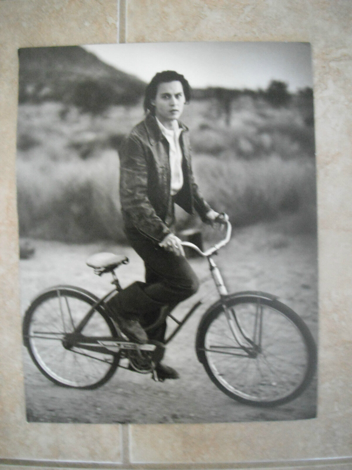 Johnny Depp B&W 11x14 Magazine Page Photo Poster painting Bicycle Bike