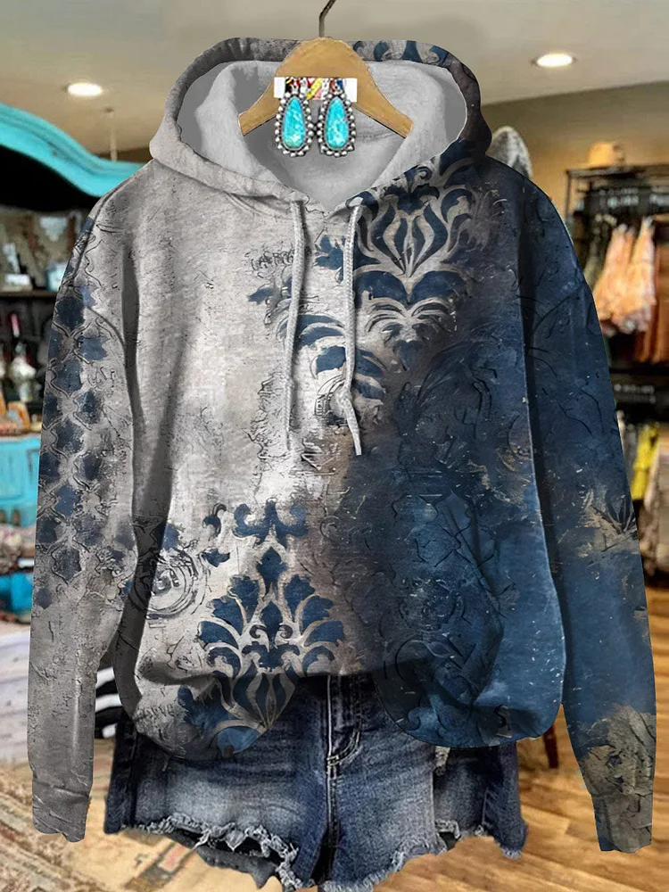 Colorblock Patterned Textured Print Hooded Sweatshirt