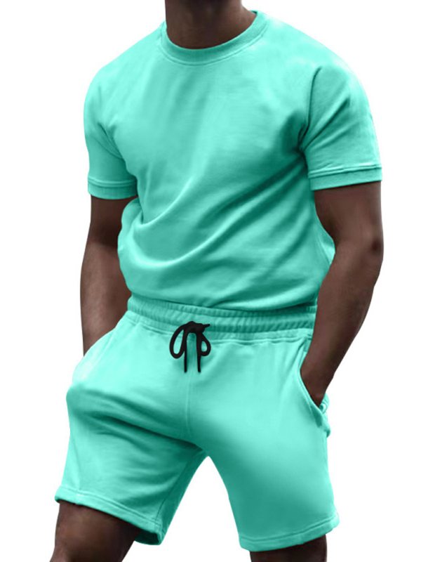 Mature Men New Casual Fashion Solid Color Short-sleeved T-shirt Quarter Pants Sports Suits