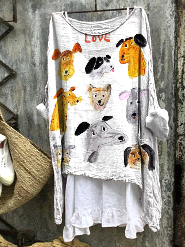 Cute Dog Art Pattern Casual Linen Blend Shirt