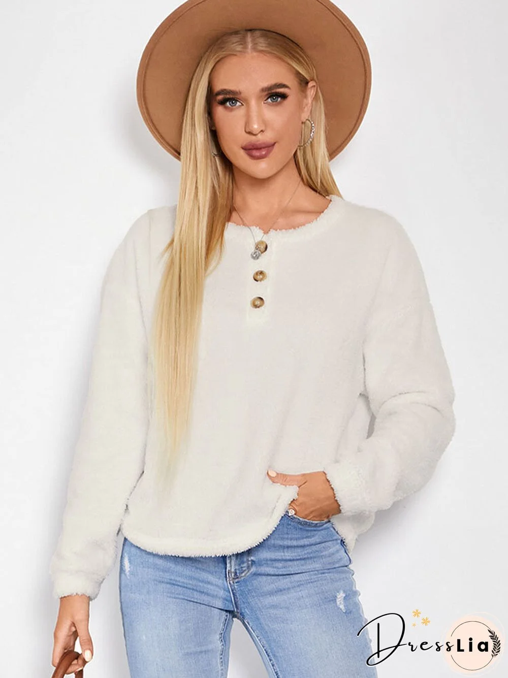 Solid Color Teddy Front Button O-neck Casual Long Sleeve Sweatshirt