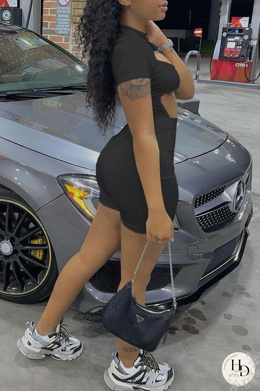 Khaki Sexy Solid Hollowed Out Half A Turtleneck Short Sleeve Two Pieces