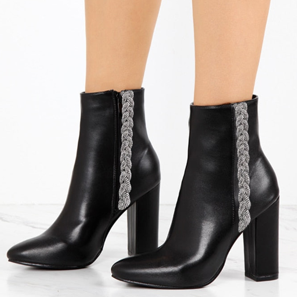 Women's Black Round Toe Rhinestone Braided Strap Heeled Ankle Boots Nicepairs