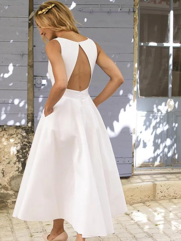 White mid-waist solid color open back dress
