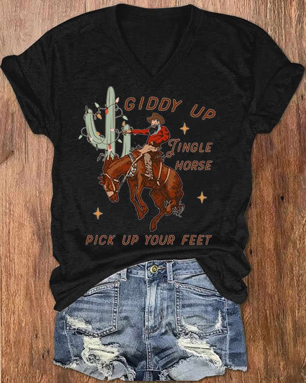 Giddy Up Jingle Horse Pick up Your Feet Cowboy Santa Cactus Western Top
