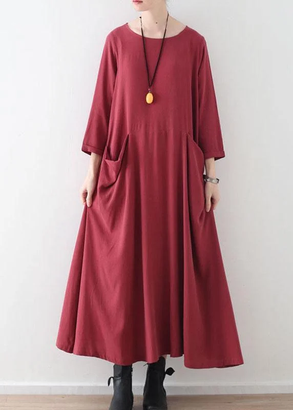 Handmade Red Pockets Long sleeve Loose Dress Fall