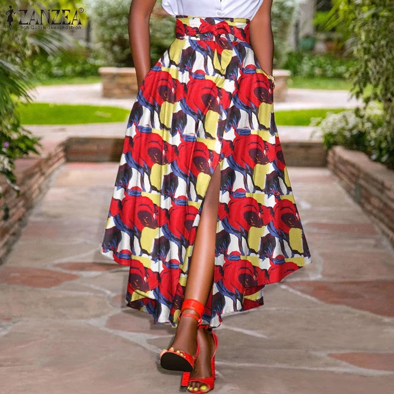 High Waist A-line Skirt ZANZEA Women Skirts Summer Vintage Zipper Long Maxi Skirts Solid Irregular Beach Skirt Faldas Saia S-