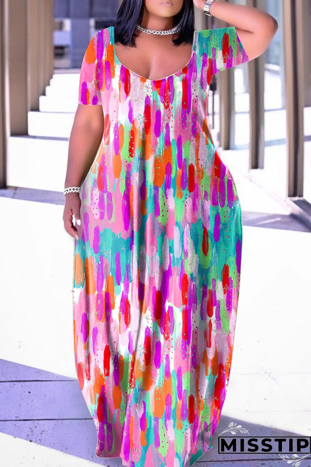 Blue Yellow Casual Print Basic V Neck Short Sleeve Dress Dresses