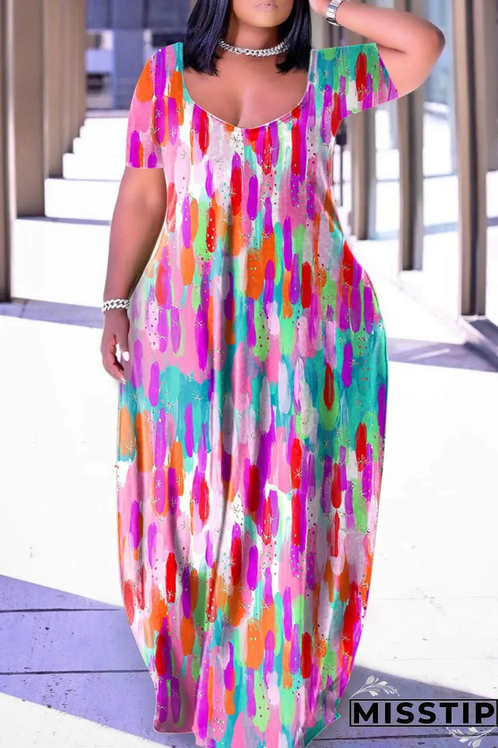 Blue Yellow Casual Print Basic V Neck Short Sleeve Dress Dresses