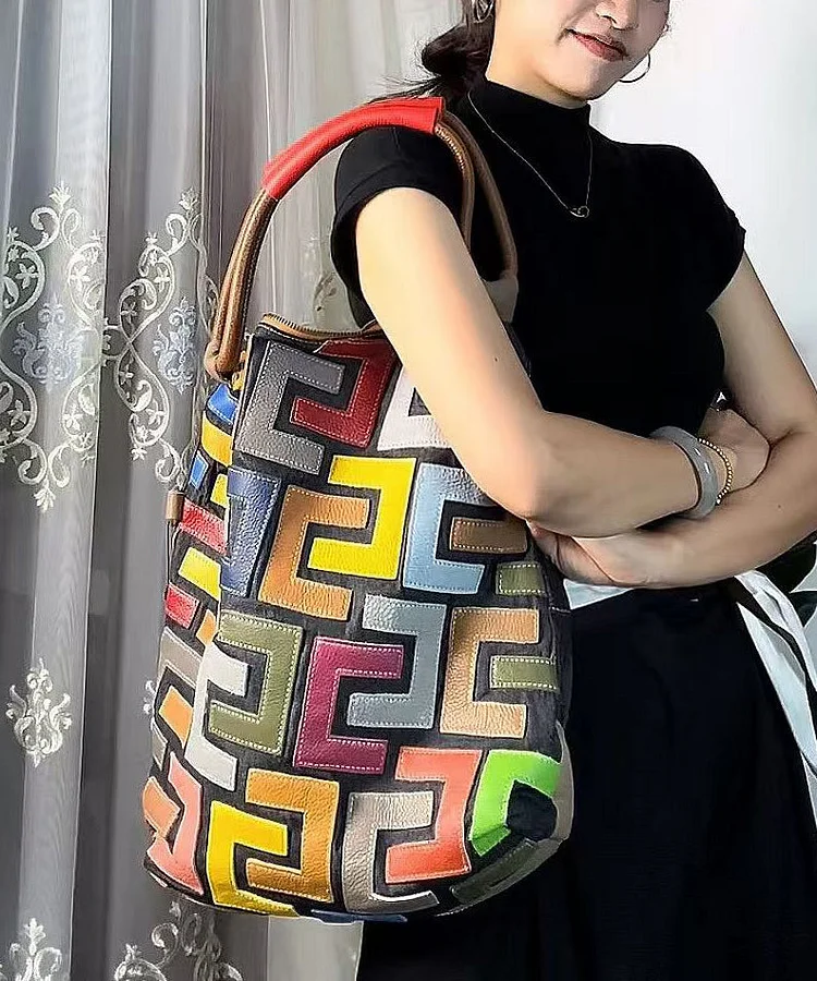 Boutique Colorblock Calf Leather Large Capacity Satchel Handbag