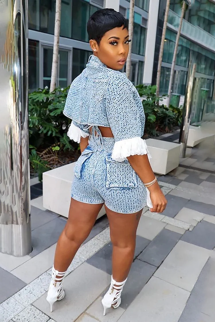 Fringed Trim Denim Crop Jacket Halter Bra High Waist Shorts 3pcs Set-Blue