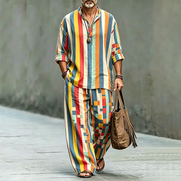 Men's Abstract Geometric Art Print Shirt And Pants Two Piece Set