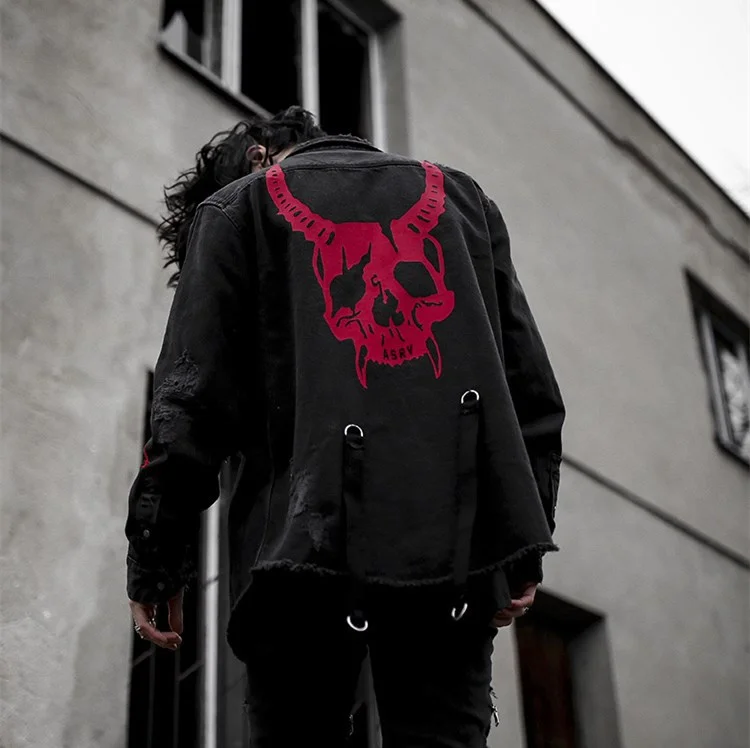 Streetwear Vintage Gothic Embroidery Skull Snake Men's Black Denim Jackets at Hiphopee