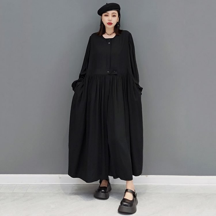 Casual Loose Solid Color Round Neck Long Lantern Sleeve Dresses 