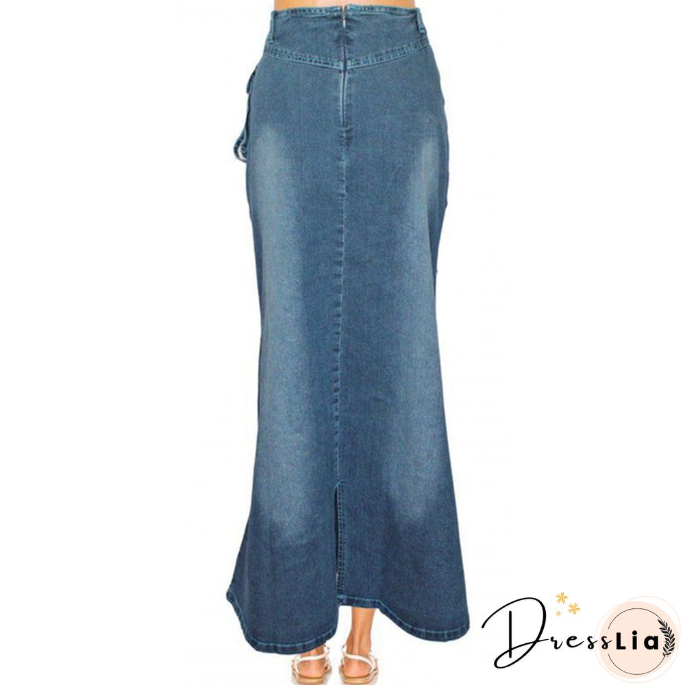 Women Fashion Casaul Stretch Cargo Denim Skirt Bell Skirt Floor Length Washed Denim Jeans Skirt Plus Size