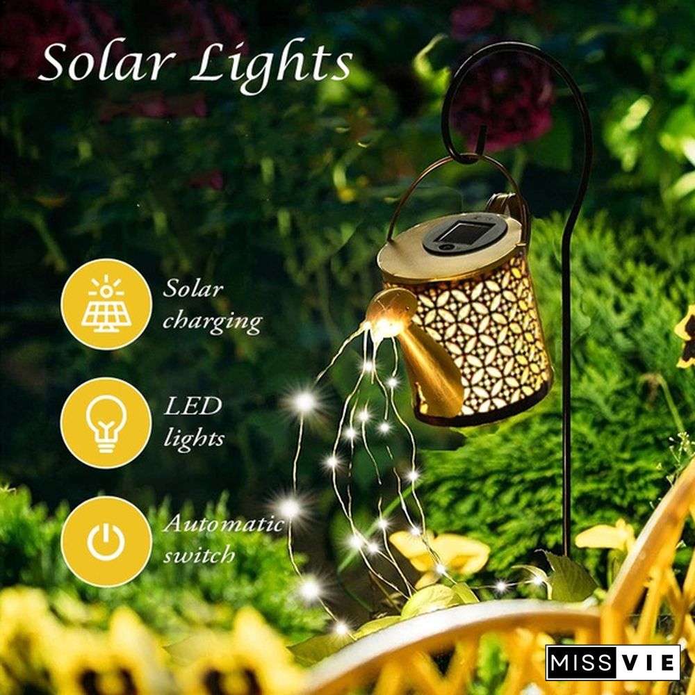 Retro Solar Watering Can Sprinkles LED Light Fairy Metal Wrought Iron Hollow Out Lamp