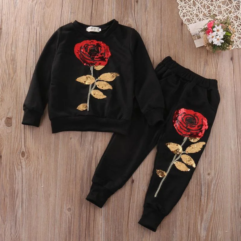 2018 Brand New Toddler Infant Kids 2PCS Girls Sequins Rose Outfits Clothes T Shirt+Long Pants Set Tracksuit Casual Set 2-7Y