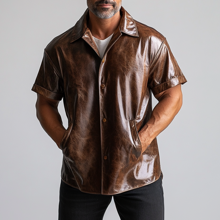 Men's Casual Button Pocket Distressed PU Leather Short Sleeve Shirt