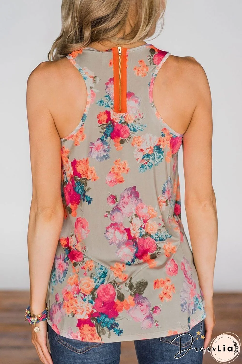 Printed Zipper Design Pink Tank Top