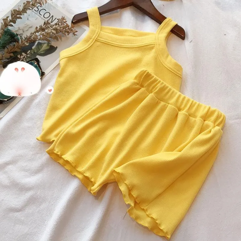 2PCS/Set Comfortable Sleeveless Tops+Pant Kids Clothes Solid Colors Boy Clothing Set Toddler Boy Girls Vest Child Pajama Summer