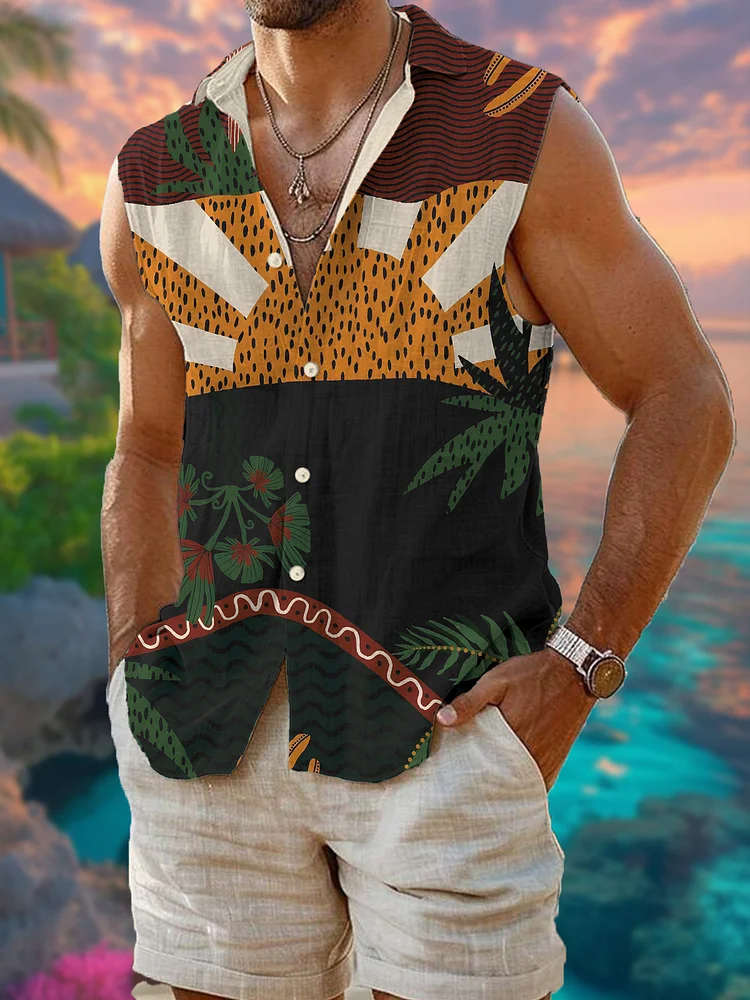 Men's Patchwork Geometric Art Plants Print Sleeveless Shirt