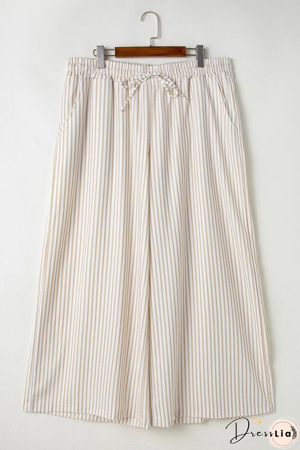 Khaki Stripe Plus Size Drawstring High Waist Wide Leg Pants