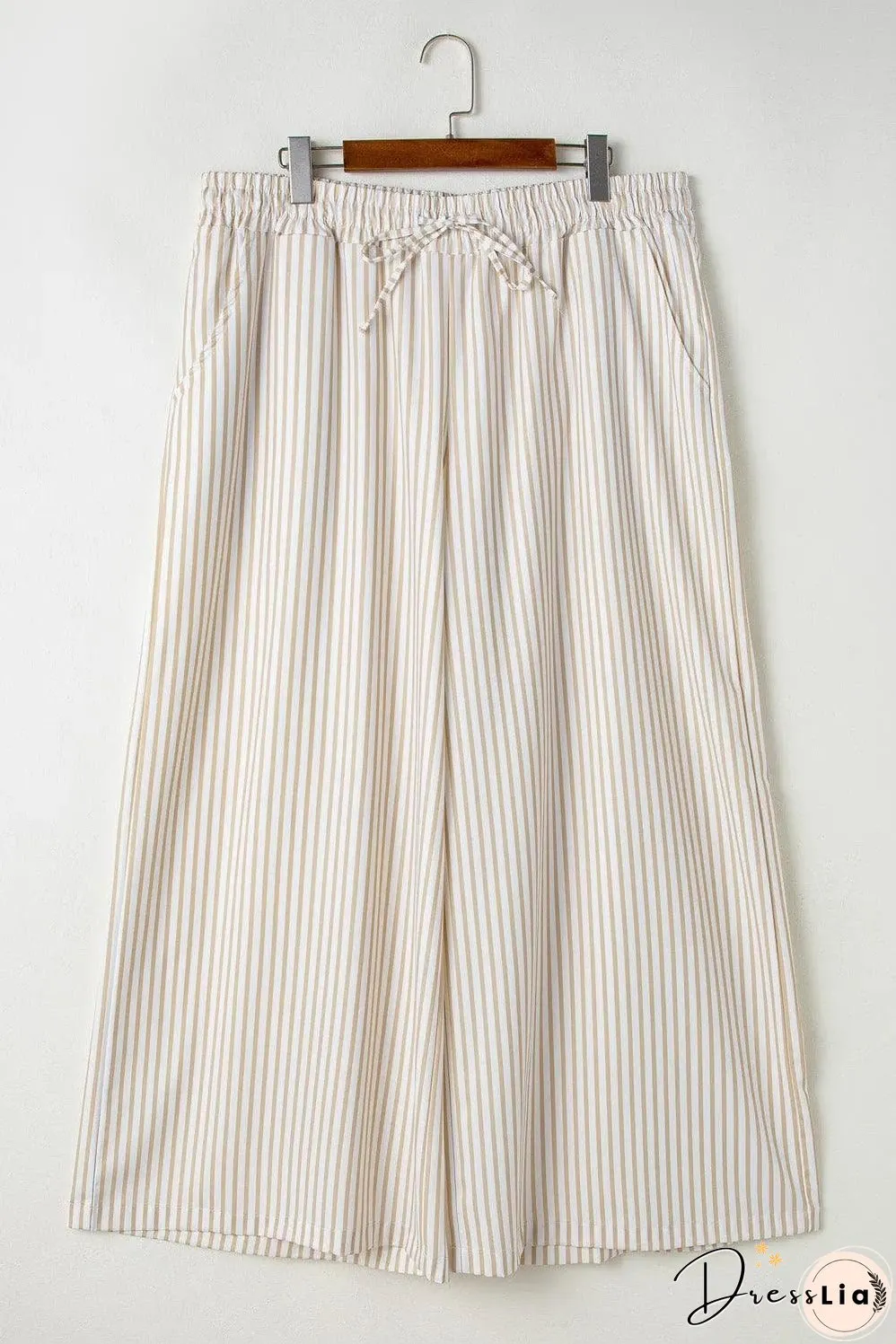 Khaki Stripe Plus Size Drawstring High Waist Wide Leg Pants