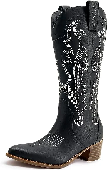 Women's Embroidered Western Cowboy Boots Fashion Pointed Toe Chunky Heel Mid Calf Cowgirl Boots