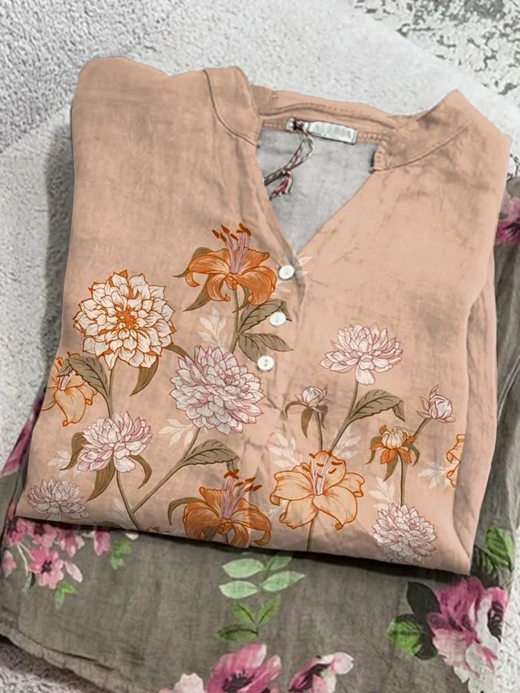 Women's Vintage Floral Art Print Casual Cotton And Linen Shirt