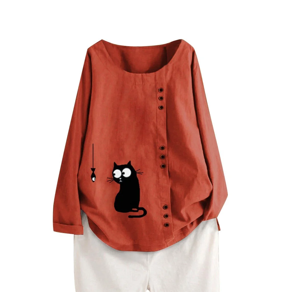 Womens Cat Print Blouse Plus Size Shirt Long Sleeve Cotton Linen Kaftan Ladies Baggy Shirt Tops Button Casual Ladies Blouses NEW