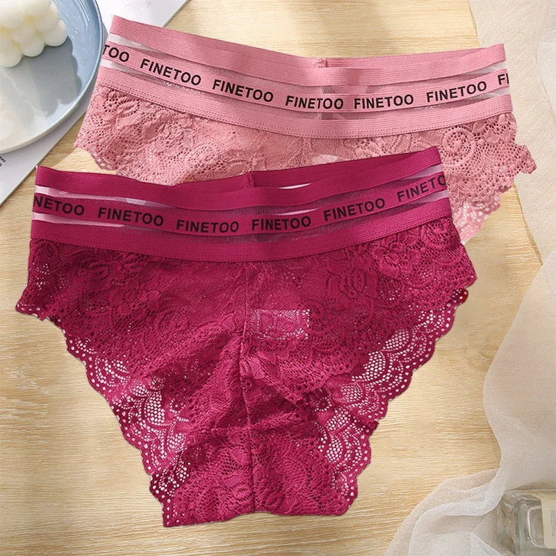 FINETOO 2PCS/Set L-XXL Floral Lace Women Panties High Waist  Sexy Lace Underwear Woman Letter Lingerie Female Seamless Briefs