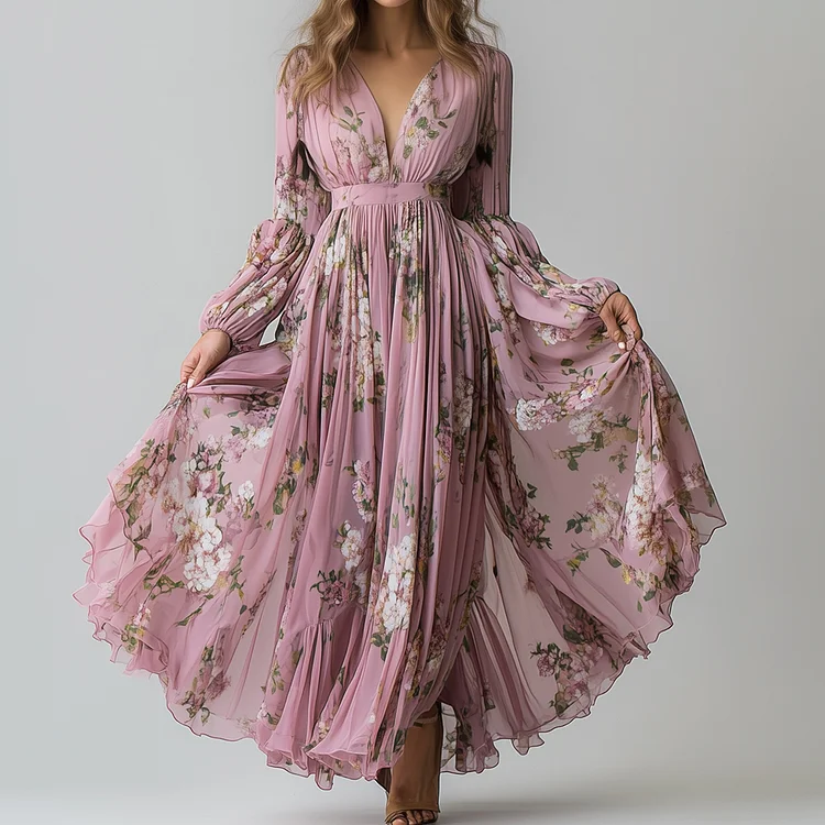 Ursime Chiffon Floral Pattern Lantern Sleeve Pleated Tunic Maxi Dress
