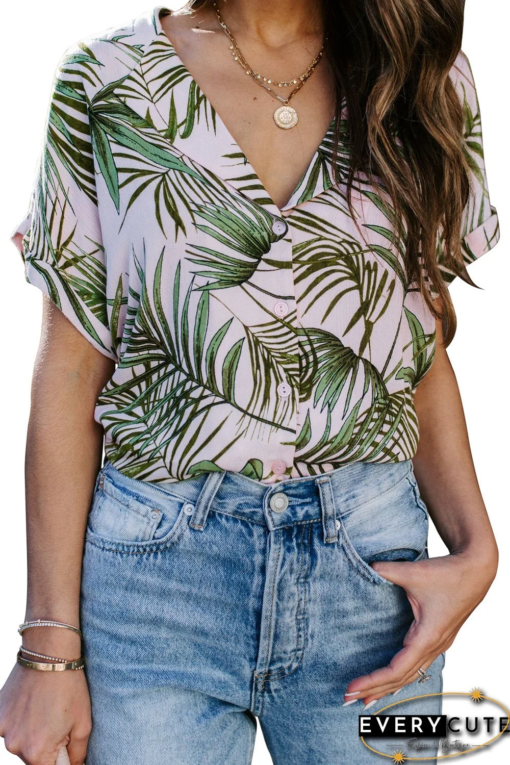 Green Printed Button Front Top