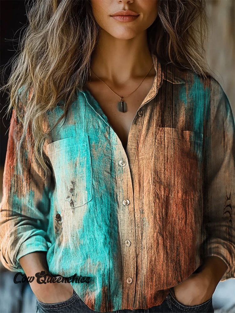 Women’s Vintage Ethnic Textured Contrasting Print Casual Long Sleeve Comfortable Cotton Shirt