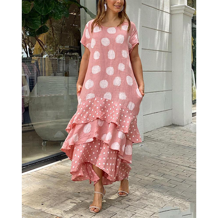 Casual Polka Dot Printed with Round Neck Cake Dress