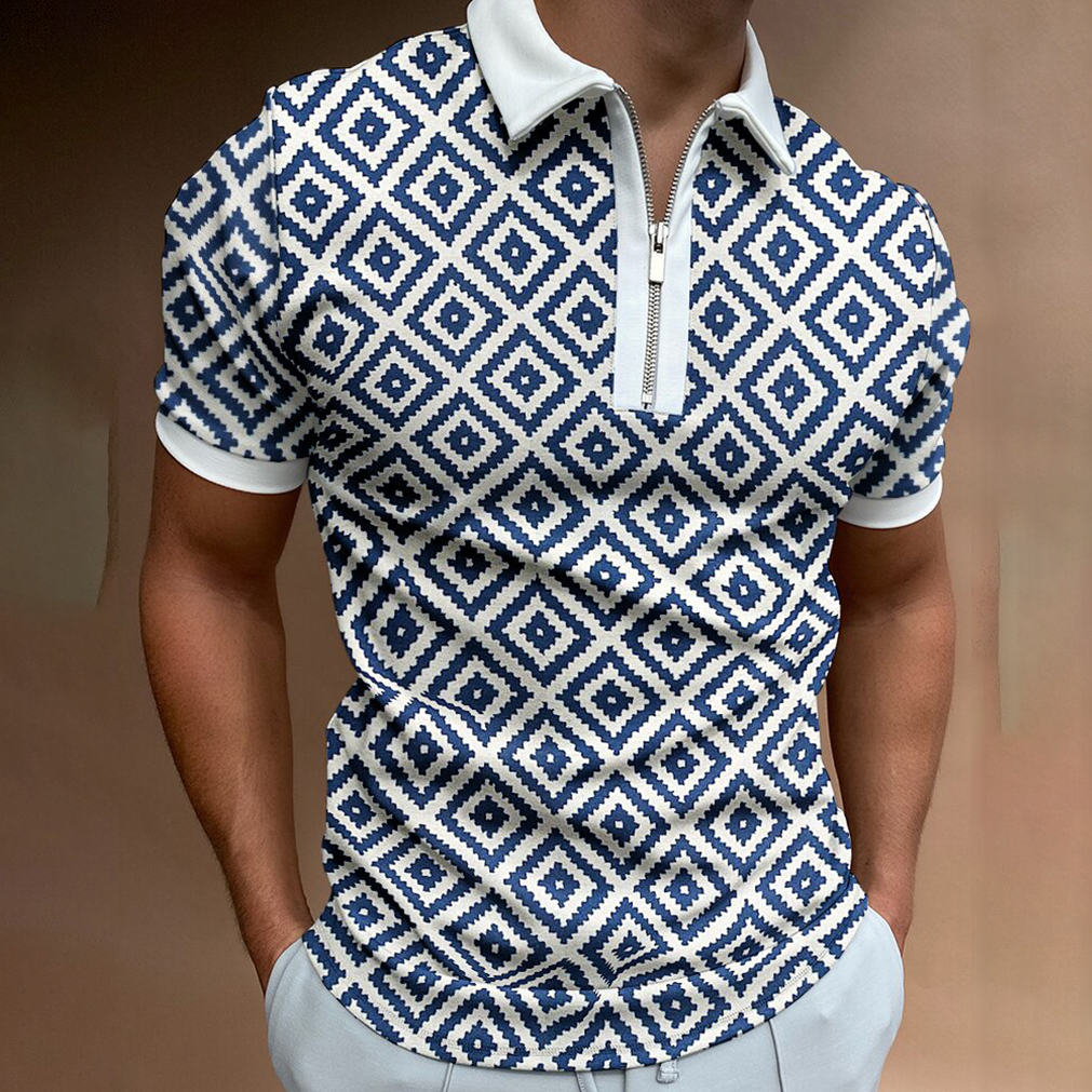 Diamond Lattice Zip-up Short Sleeve Polo Shirt