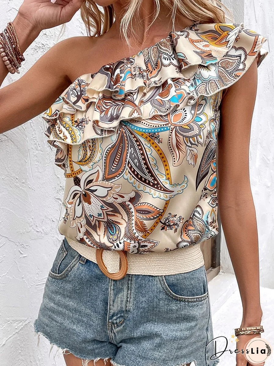 Printed Ruffled One-Shoulder Blouse