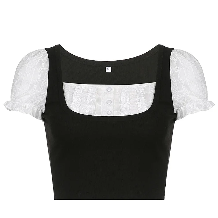 Rapcopter y2k Trim Button Crop Top Short Sleeve Knitted T Shirt Prepply Cute Square Collar Pullovers Women Summer Korean Tee 90s
