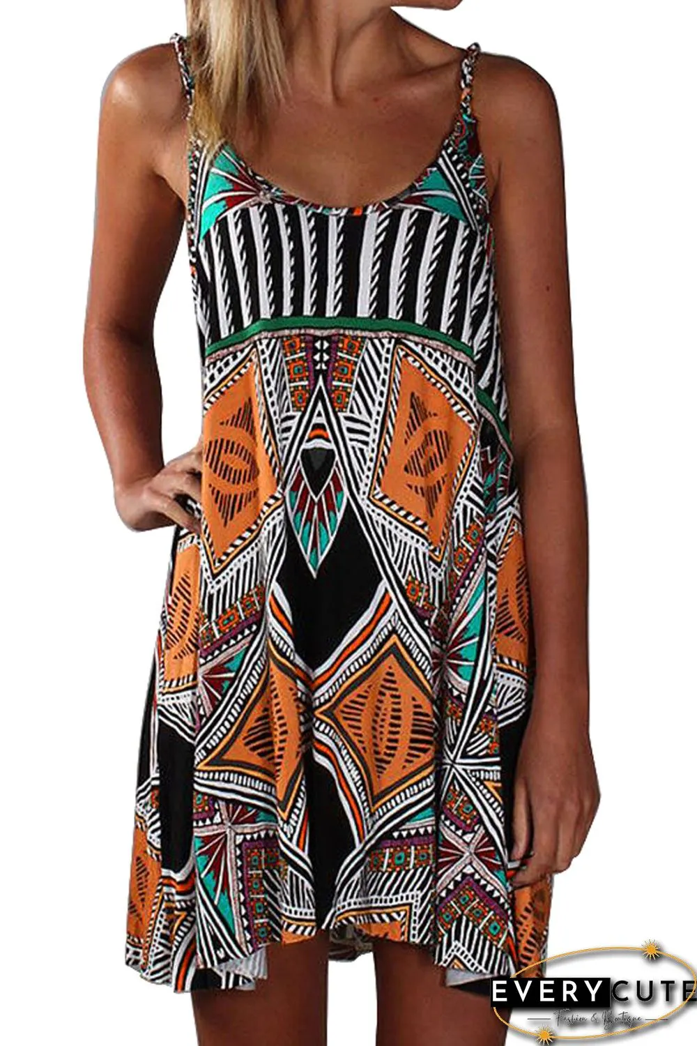 Multicolor Spaghetti Straps Boho Mini Dress