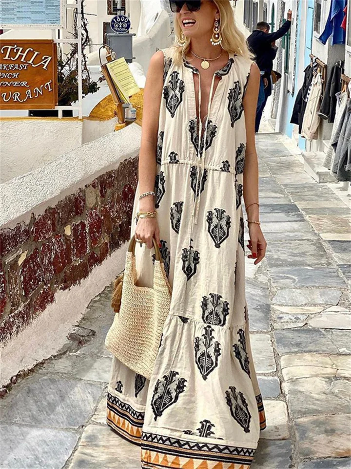 Women's Summer New Half Open Neck Temperament Sleeveless Long Bohemian Print Loose Waist Casual Commuter Dress