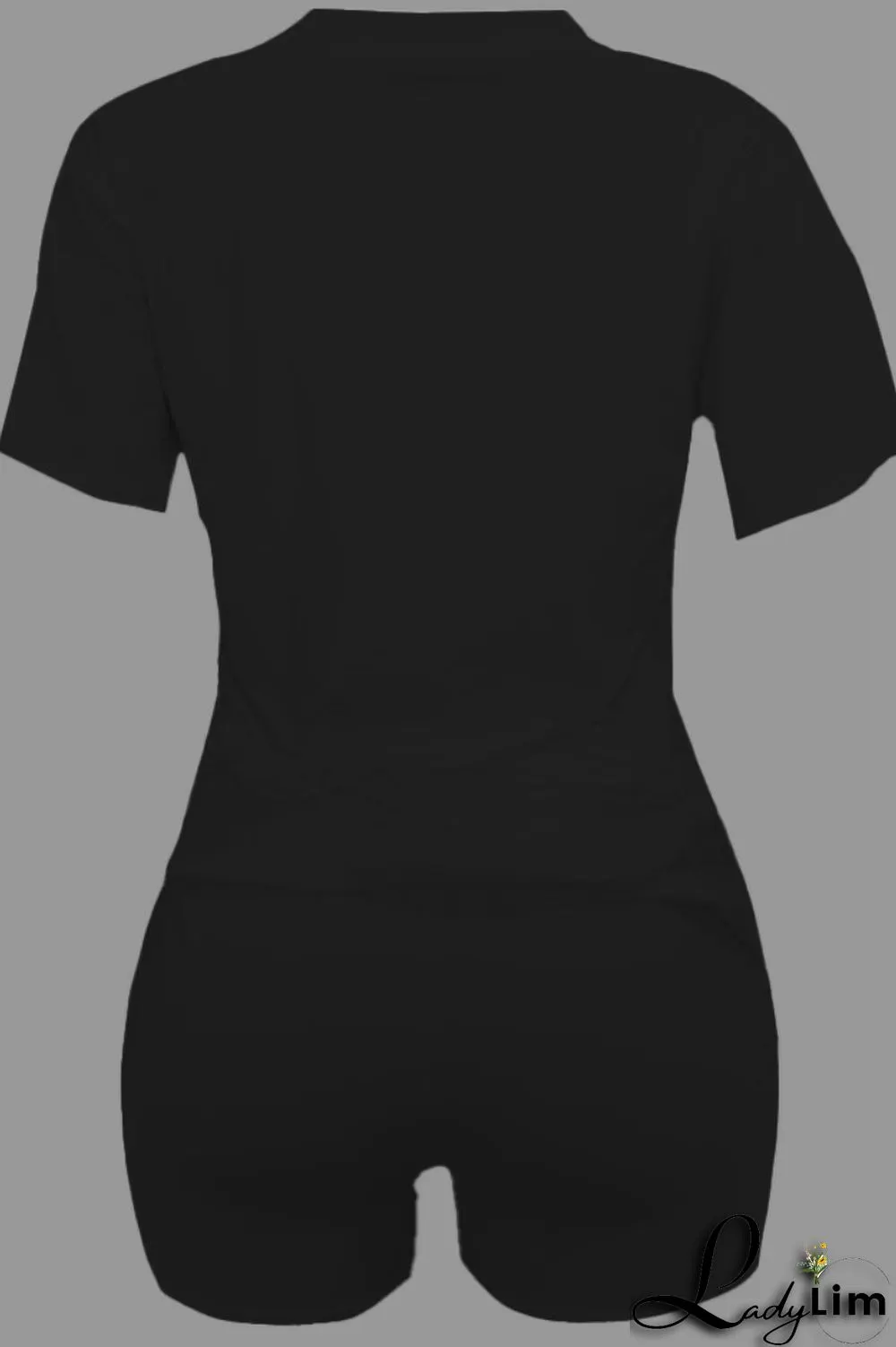 Black Casual Letter Print Basic O Neck Short Sleeve Two Pieces