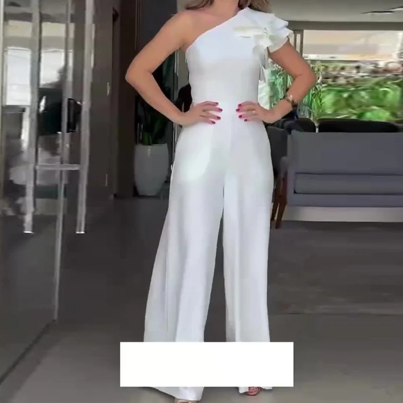 Ueong Ueong Summer New Fashion Inclined Shoulder Collar Waist Solid Color Wide Leg Jumpsuit Woman