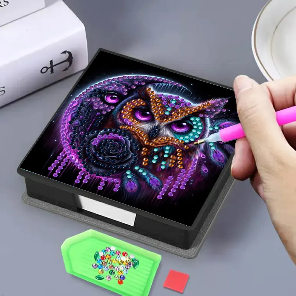 PU 5D Diamond Painting Kit Note Box DIY Diamond Art Notepad Box (Moon Owl)
