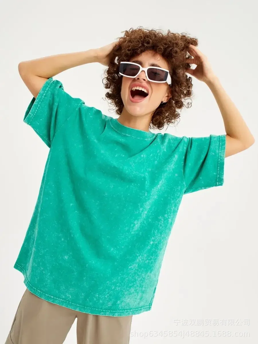 Athvotar Athvotar Spring And Summer New Solid Color T-Shirt Women's Water Wash To Make Old Batik Coat Hot Cotton Short Sleeves