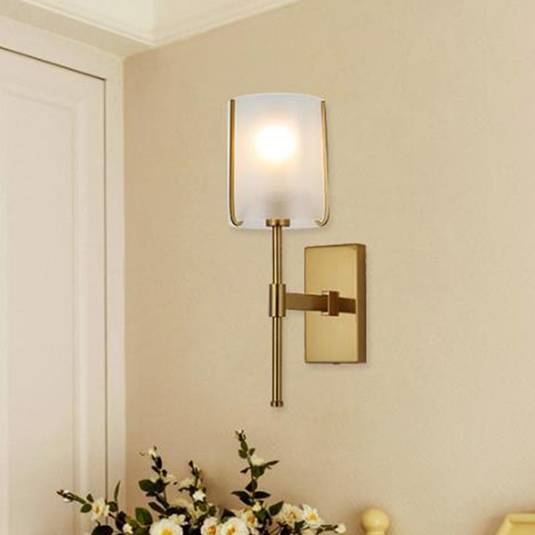 1-Head Metal Wall Lighting Traditional Gold Straight Arm Bedroom LED Wall Mount Light with Frosted Glass Shade