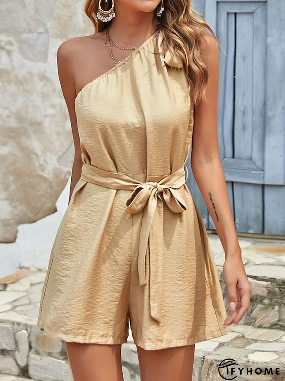Women's Romper Lace up Solid Color One Shoulder Streetwear Daily Vacation Regular Fit Sleeveless Khaki S M L Spring | IFYHOME
